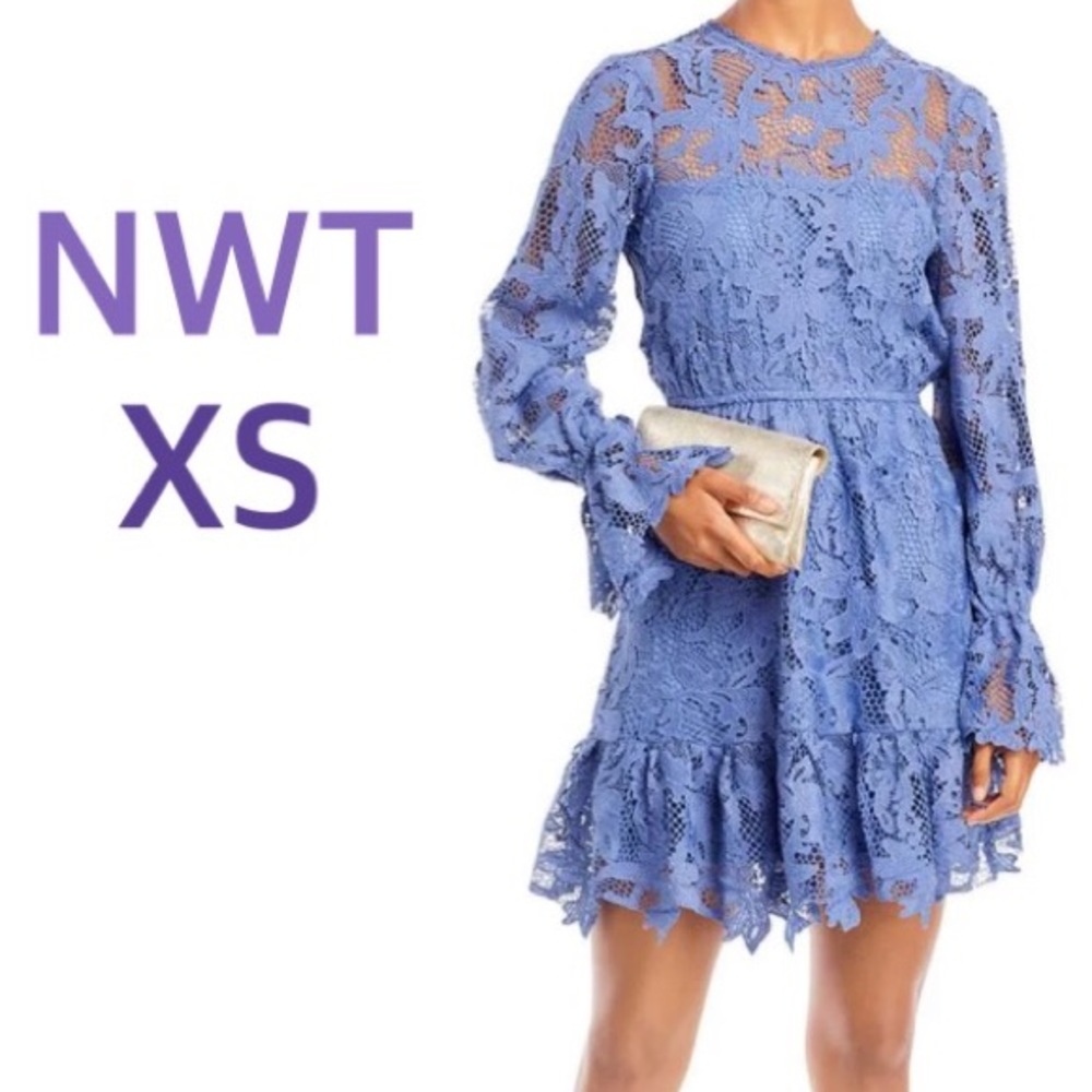 NWT (XS) periwinkle blue slate luxe lace ruffle party dress